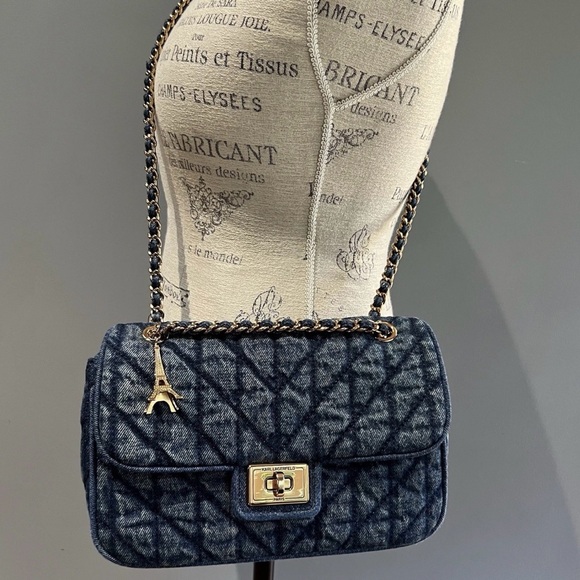 $328 DENIM Karl Lagerfeld Agyness Crossbody Quilted Shoulder Hand BAG CHARM New - Picture 2 of 8